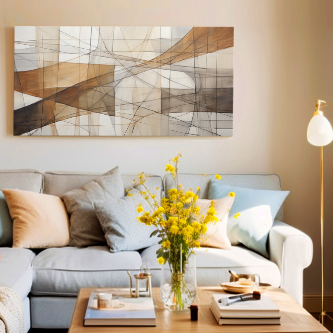 Cuadro abstracto moderno con líneas curvas en tonos beige, marrón y blanco
