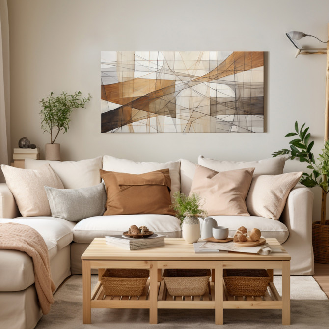 Cuadro abstracto moderno con líneas curvas en tonos beige, marrón y blanco