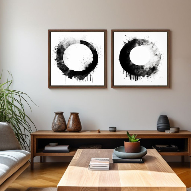 Díptico de cuadros cuadrados decorativos abstractos en blanco y negro disponible en varios colores de marco - Cuadrostock