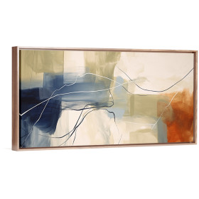Cuadro decorativo abstracto en tonos azul, beige y ocre con líneas fluidas