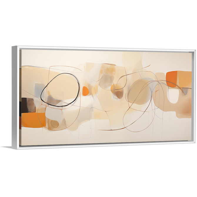 Cuadro abstracto decorativo con trazos curvos y colores beige, naranja y tierra
