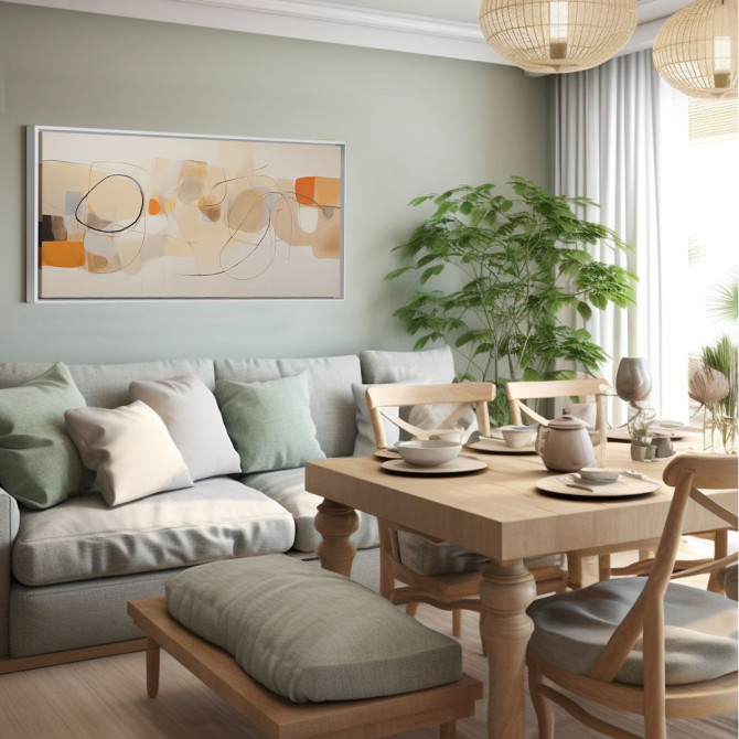 Cuadro abstracto decorativo con trazos curvos y colores beige, naranja y tierra