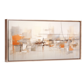 Cuadro decorativo abstracto con formas urbanas en tonos beige, gris y naranja