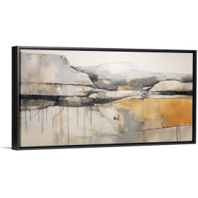 Cuadro abstracto con formas rocosas en tonos beige, gris, negro y ocre