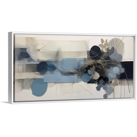 Cuadro horizontal abstracto en tonos azules, gris y negro con textura floral sobre fondo claro