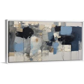 Cuadro abstracto en azul, beige y negro con textura y composición geométrica