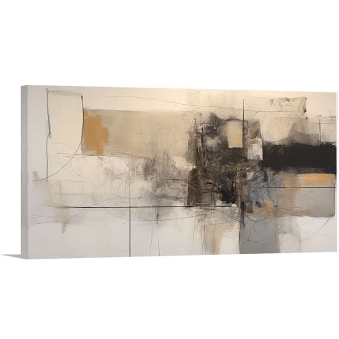 Cuadro abstracto horizontal en beige, gris y negro con trazos expresivos