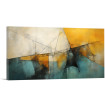 Cuadro abstracto moderno con formas geométricas en amarillo, azul petróleo y negro sobre fondo neutro