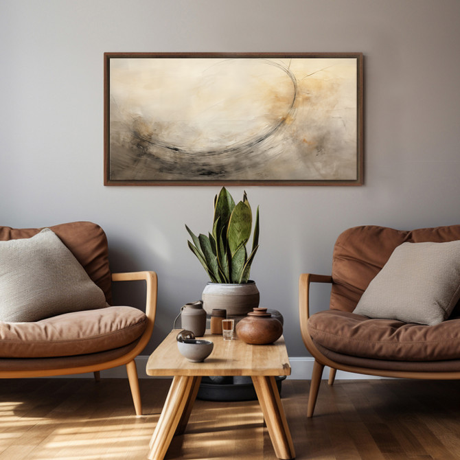 Cuadro decorativo abstracto en tonos neutros con trazo circular oscuro sobre fondo beige difuminado
