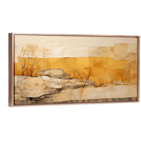 Cuadro horizontal abstracto con relieve de rocas, árboles y fondo en tonos ocres y beige