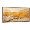 Cuadro horizontal abstracto con relieve de rocas, árboles y fondo en tonos ocres y beige
