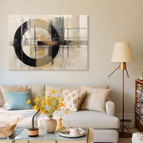 Cuadro decorativo abstracto con círculo negro y líneas geométricas en tonos beige, gris y naranja