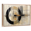Cuadro decorativo abstracto con círculo negro y líneas geométricas en tonos beige, gris y naranja