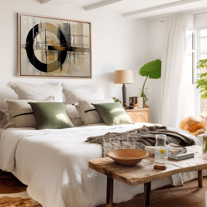 Cuadro decorativo abstracto con círculo negro y líneas geométricas en tonos beige, gris y naranja