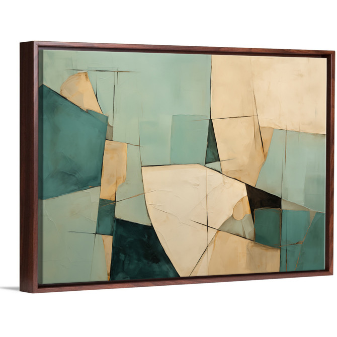 Cuadro decorativo abstracto con formas geométricas en tonos verde turquesa y beige