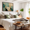 Cuadro decorativo abstracto con formas geométricas en tonos verde turquesa y beige
