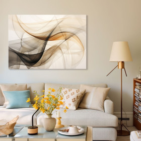 Cuadro decorativo abstracto con curvas fluidas en tonos humo, beige y ámbar sobre fondo claro