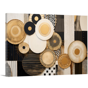 Cuadro decorativo abstracto con círculos dorados y fondo geométrico en negro y blanco
