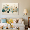 Cuadro decorativo abstracto con óvalos en tonos azul turquesa, beige y ocre sobre fondo claro