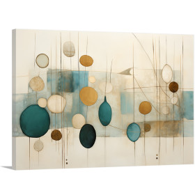 Cuadro decorativo abstracto con óvalos en tonos azul turquesa, beige y ocre sobre fondo claro