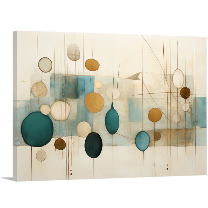 Cuadro decorativo abstracto con óvalos en tonos azul turquesa, beige y ocre sobre fondo claro Cuadro decorativo abstracto con óvalos en tonos azul turquesa, beige y ocre sobre fondo claro