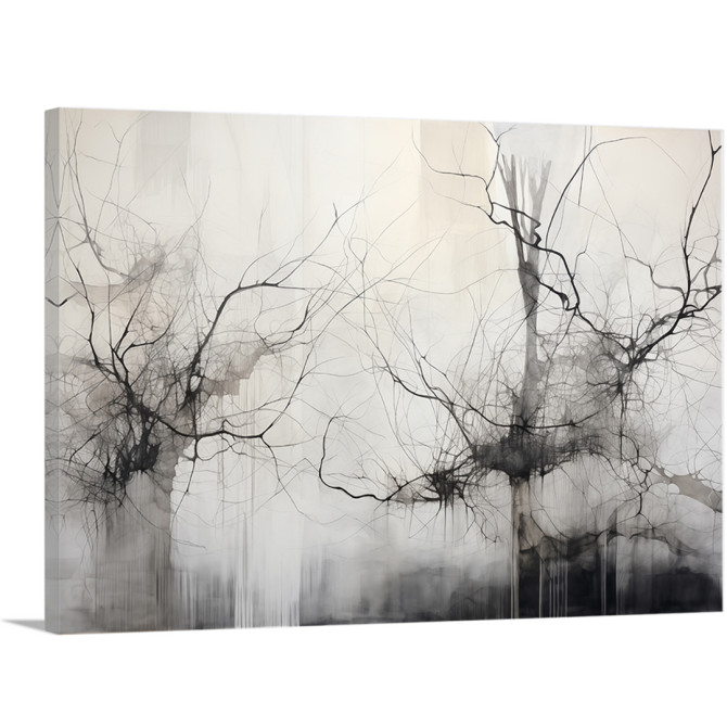 Cuadro abstracto en blanco y negro con líneas orgánicas como raíces o ramas
