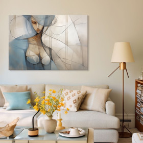 Cuadro decorativo  con figura femenina en tonos azul y beige, estilo artístico contemporáneo