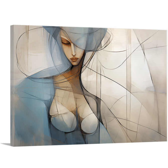 Cuadro decorativo  con figura femenina en tonos azul y beige, estilo artístico contemporáneo