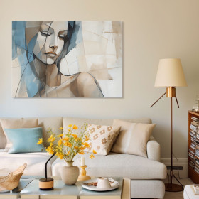 Cuadro decorativo con retrato femenino  en tonos azul, beige y marrón claro