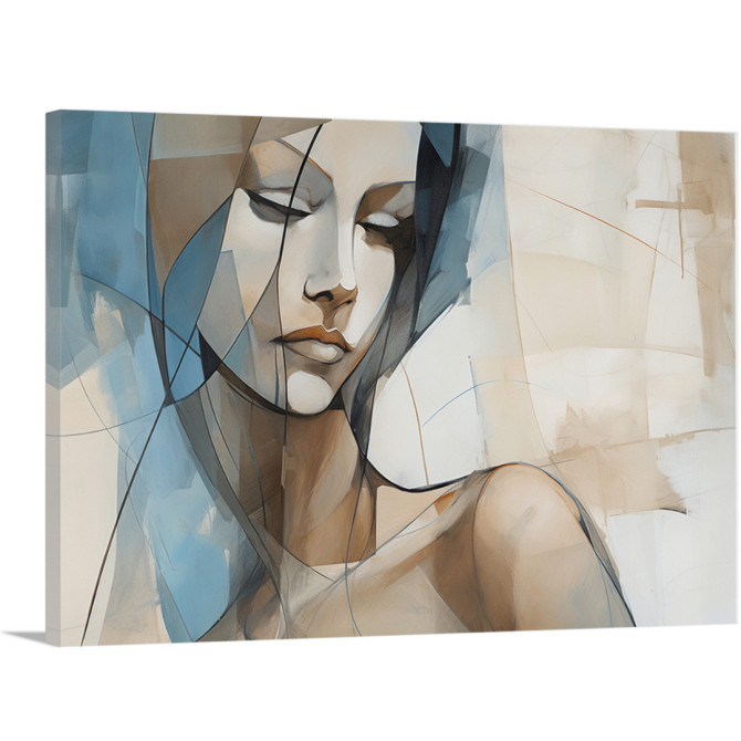 Cuadro decorativo con retrato femenino  en tonos azul, beige y marrón claro