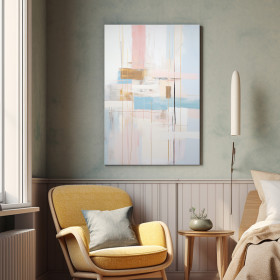 Cuadro moderno vertical en tonos pastel con trazos lineales rosa, azul, beige y ocre