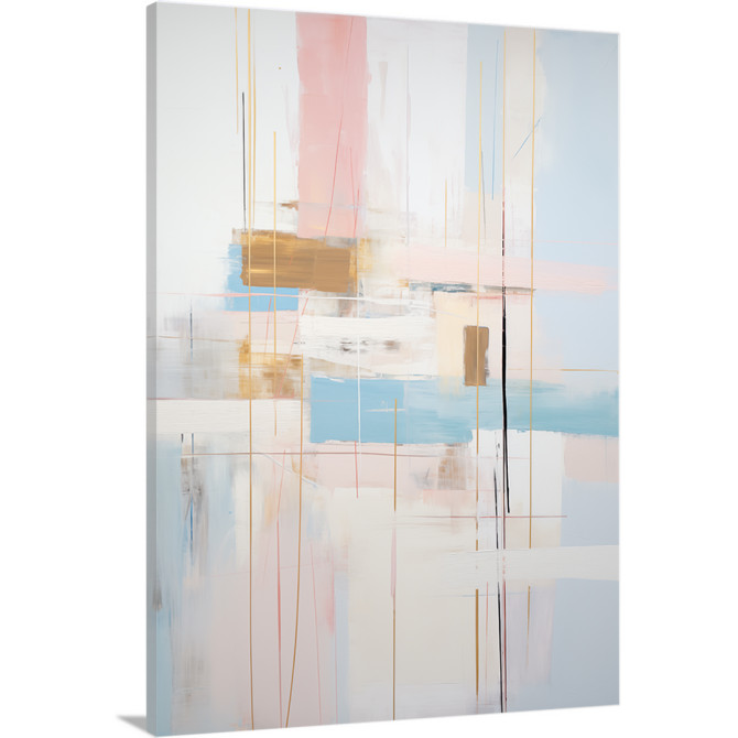 Cuadro moderno vertical en tonos pastel con trazos lineales rosa, azul, beige y ocre