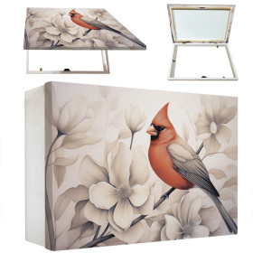 Tapa contador figurativo que combina las flores con un pájaro en tonos grises y rojo.