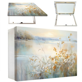 tapa contador paisaje floral amanecer con lago en tonos pastel