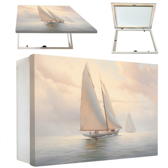 Tapa contador "Velero del Amanecer" con marco blanco y paisaje sereno. Tapa contador "Velero del Amanecer" con marco blanco y paisaje sereno.
