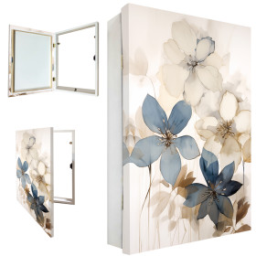 Tapa contador decorativa flores azul y beige en lienzo fondo 12 cm