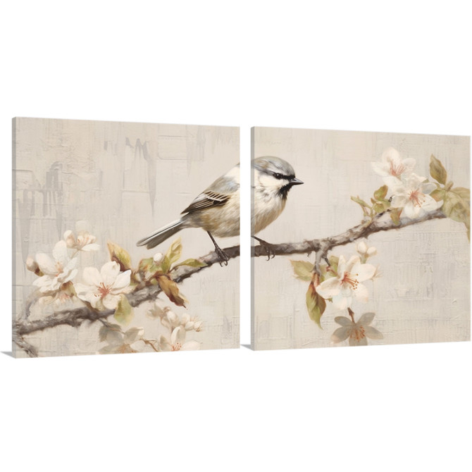 Díptico de pájaro en rama con flores - Cuadrostock