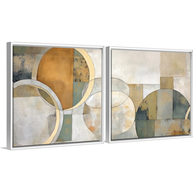 Díptico decorativo abstracto con formas circulares en dorado, beige y verde sobre fondo neutro