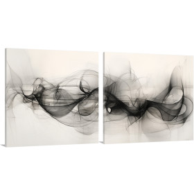 Díptico decorativo abstracto en blanco y negro con trazos curvos y etéreos sobre fondo claro