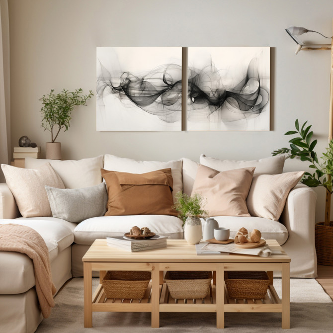 Díptico decorativo abstracto en blanco y negro con trazos curvos y etéreos sobre fondo claro