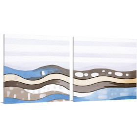 Cuadro díptico abstracto en tonos azules, beige y marrón con formas onduladas tipo paisaje moderno