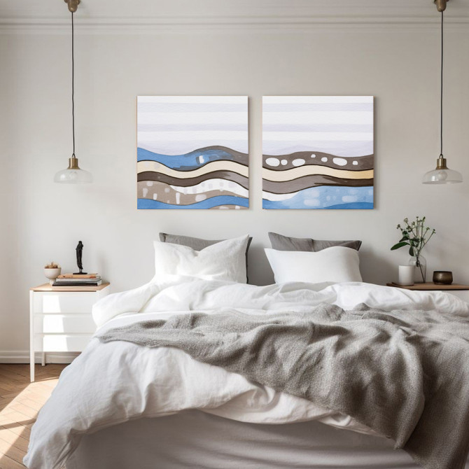Cuadro díptico abstracto en tonos azules, beige y marrón con formas onduladas tipo paisaje moderno