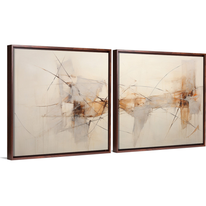 Conjunto de 2 cuadros abstractos en tonos neutros con líneas curvas y formas etéreas
