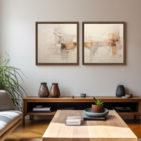 Conjunto de 2 cuadros abstractos en tonos neutros con líneas curvas y formas etéreas