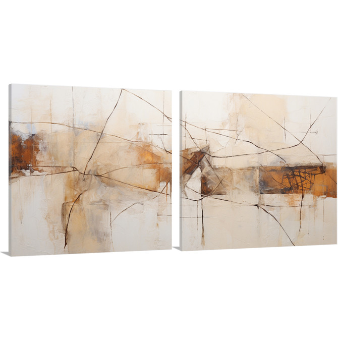 Díptico abstracto moderno con trazos lineales y tonos tierra – arte decorativo en 2 lienzos