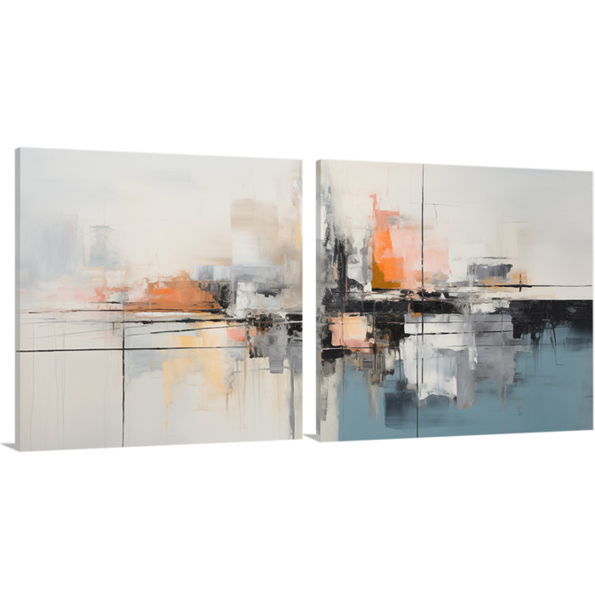 Cuadro díptico abstracto con pinceladas de azul, naranja y gris sobre fondo blanco, estilo moderno