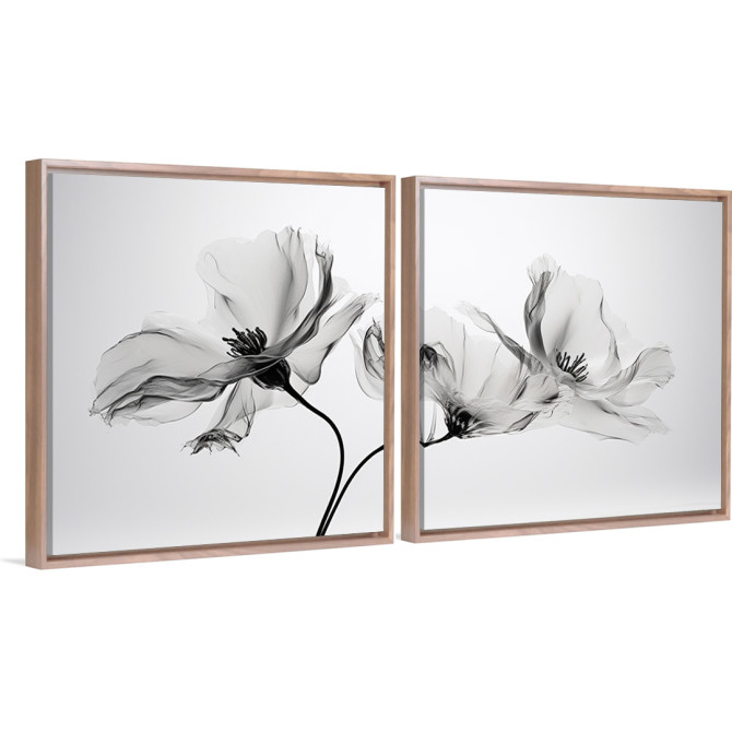 Cuadro díptico con flores en blanco y negro translúcidas, arte floral minimalista
