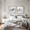 Cuadro díptico con flores en blanco y negro translúcidas, arte floral minimalista