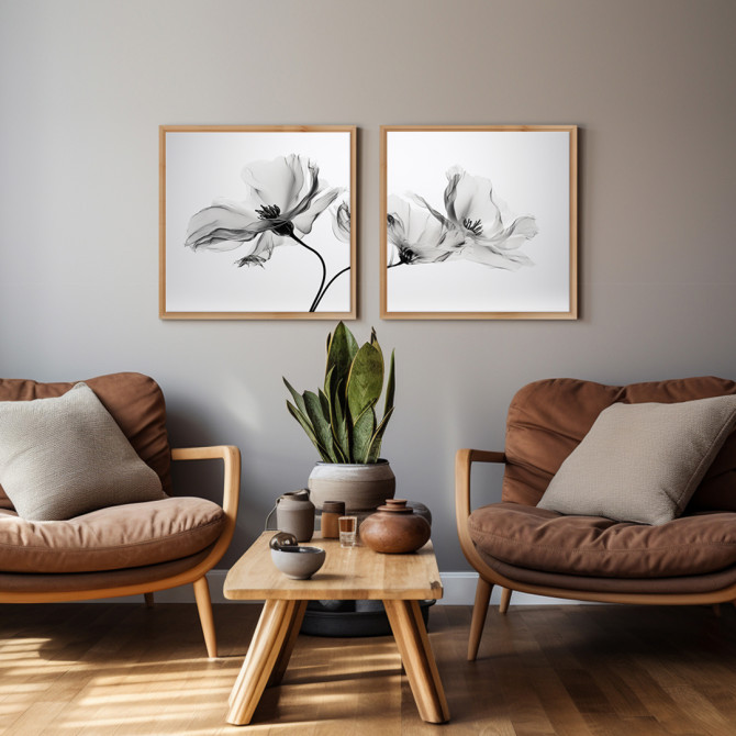 Cuadro díptico con flores en blanco y negro translúcidas, arte floral minimalista