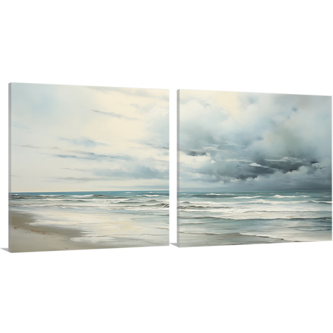 Díptico decorativo “Playa en Calma” con vista del mar y cielo nublado, ideal para crear ambientes relajantes y sofisticados. Díptico decorativo “Playa en Calma” con vista del mar y cielo nublado, ideal para crear ambientes relajantes y sofisticados.